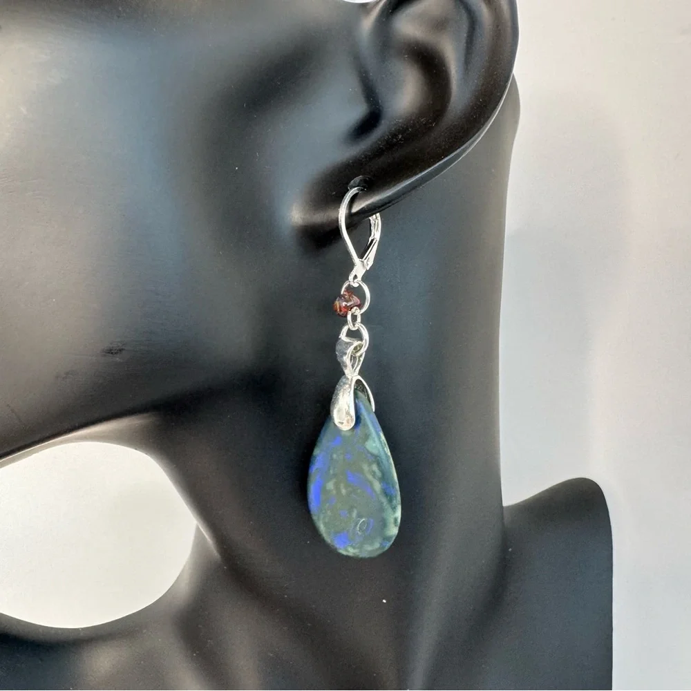 HAND CRAFTED Czech Glass Teardrop EARRINGS Matte Cobalt Blue Picasso NWT